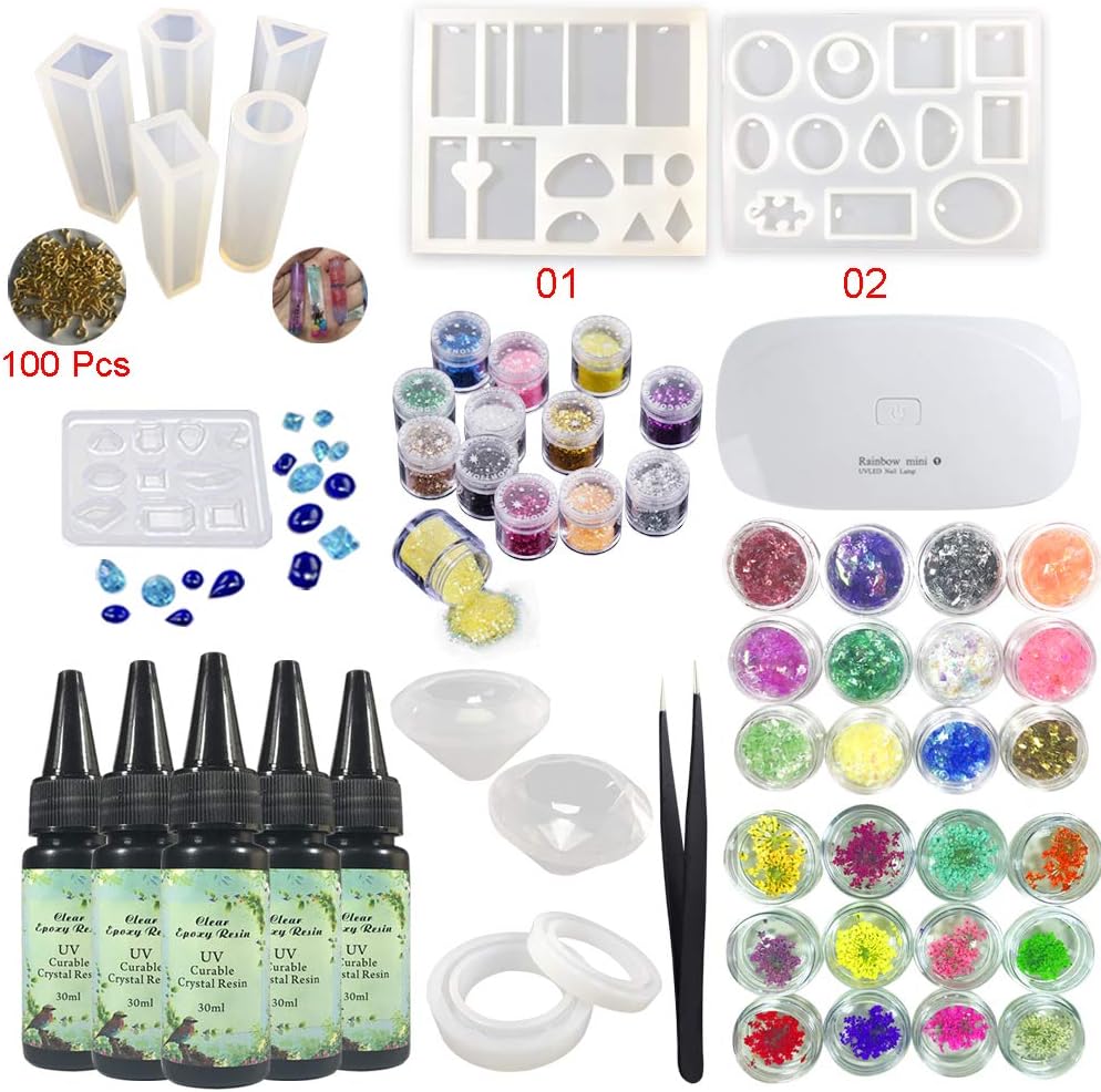5x30ML Crystal Clear UV Epoxi Resin 12 Jewelry Making Molds 36 Decorations Glitter Sequins Dried Flowers Glassine + Portable UV Lamp + Tweezers for DIY Pendants Earrings Bracelets/Resin Coating