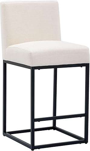 VESCASA Linen - Taburete de bar de 27 pulgadas de altura de mostrador con respaldo acolchado, moderno taburete tapizado con marco de metal negro