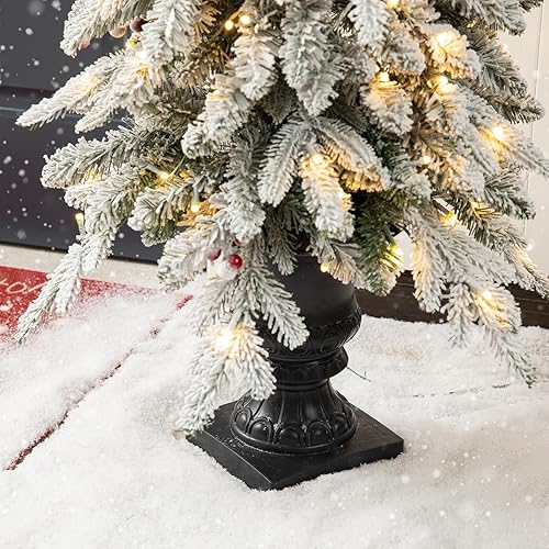 Miniatura 8 de Glitzhome 1 árbol de Navidad artificial de abeto flocado preiluminado, árbol de Navidad de 4 pies con 100 luces blancas cálidas y bayas rojas para
