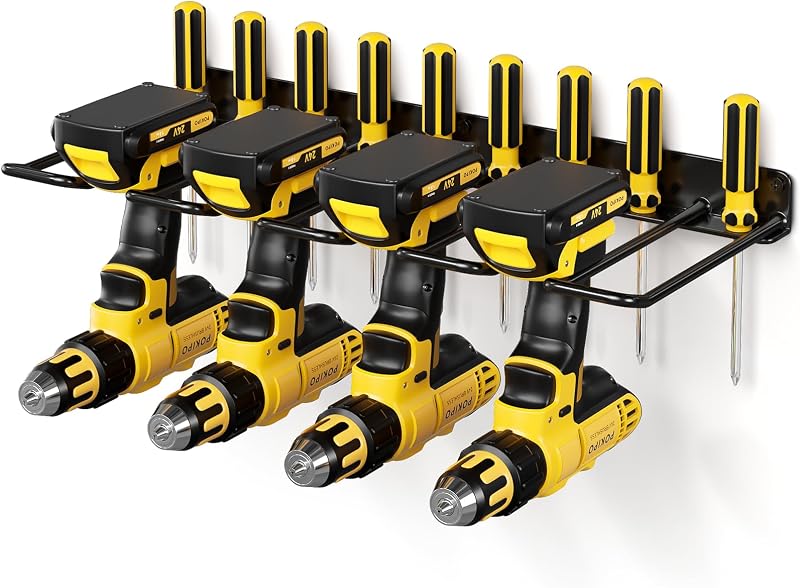 POKIPO Power Tool Organizer, 4 Drill Holder Wall Mount, Heavy Duty Garage Tool Organizer and Storage, Suitable Tool Rack for Tool Room, Workshop, Garage