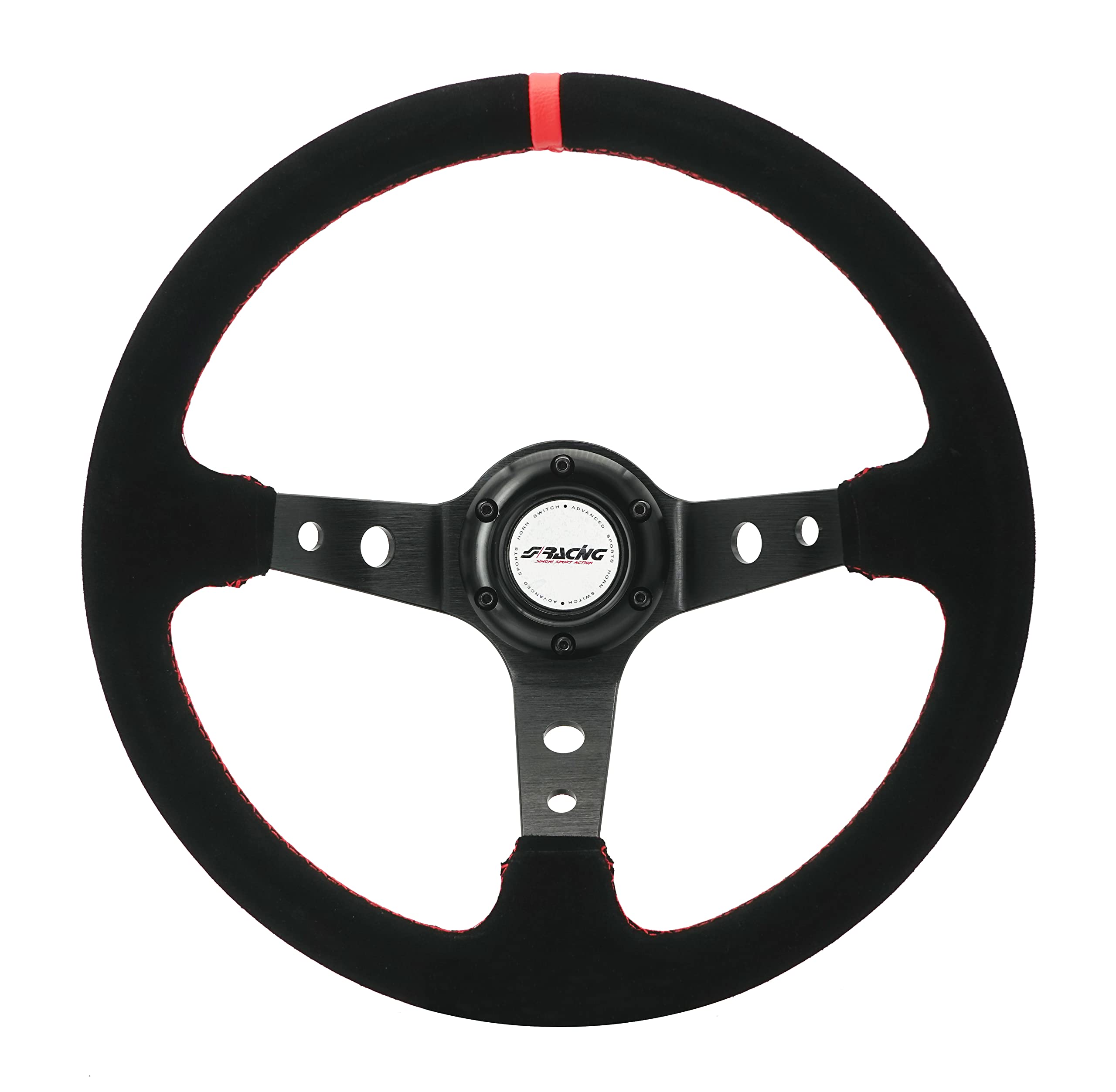 Simoni Racing Volant Universel Pitlane - Suède Noir + Couture Rouge - Diamètre 350mm