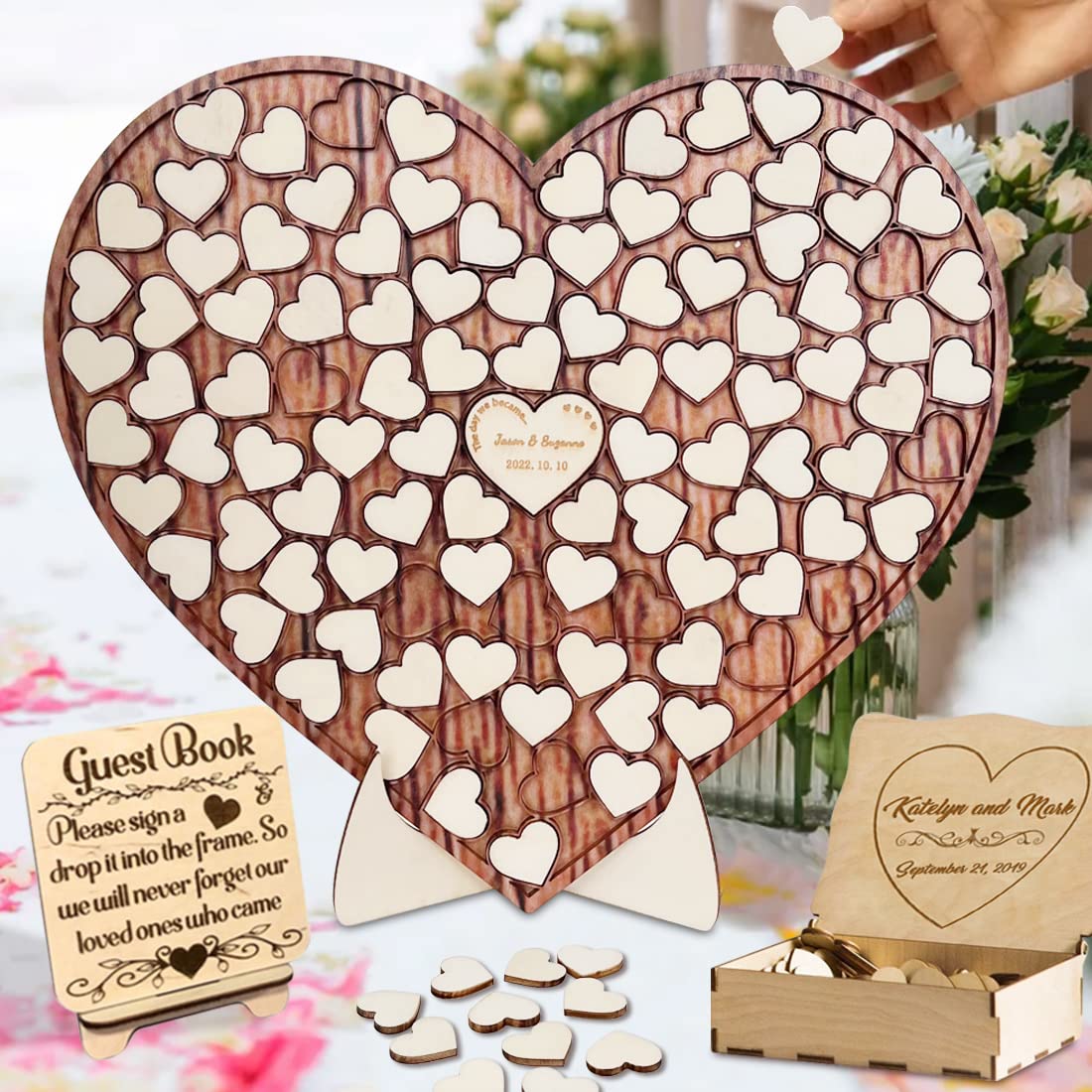 Personalized Wedding Puzzle Guest Book Alternative Custom Wood Heart Jigsaw Guest Book Sign Rustic Guest Book Wedding Decor for Party Engagement Reception Anniversary (A-100)
