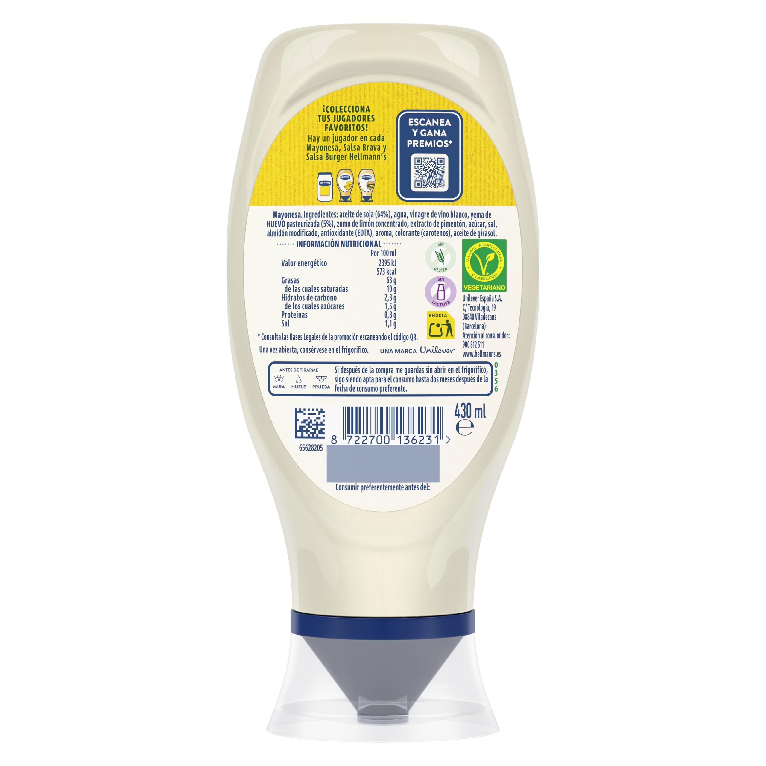 Hellmann's Gran Mayonesa Bocabajo Sin lactosa Sin gluten 430ml