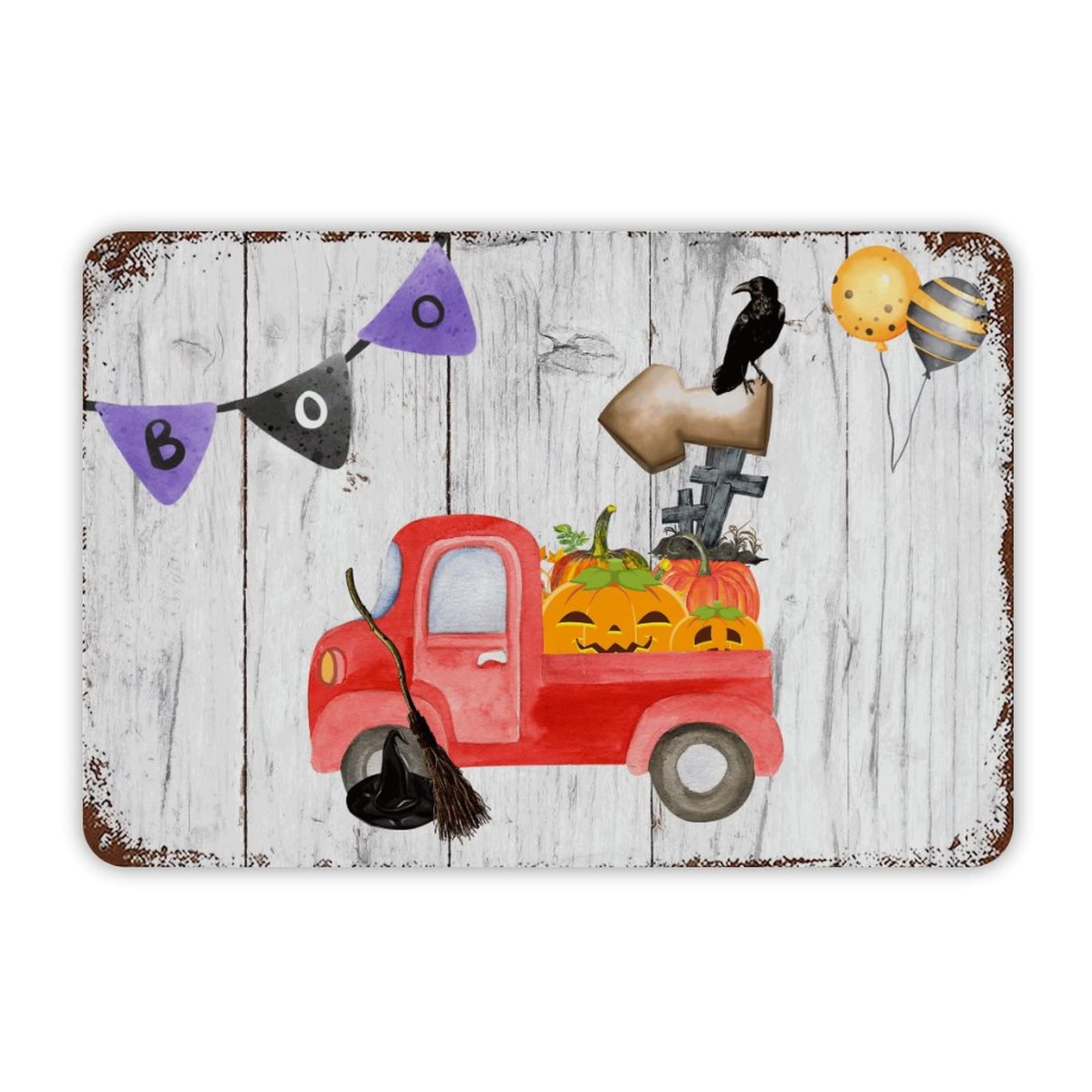 ENEDNATE Boo Halloween Gnome Truck Pumpkin Aluminum Tin Metal Sign for Indoor Outdoor Business Retail Store Patio Yard Home Decoration Easy to Mount Wall Art Print Poster 8x12 Inch