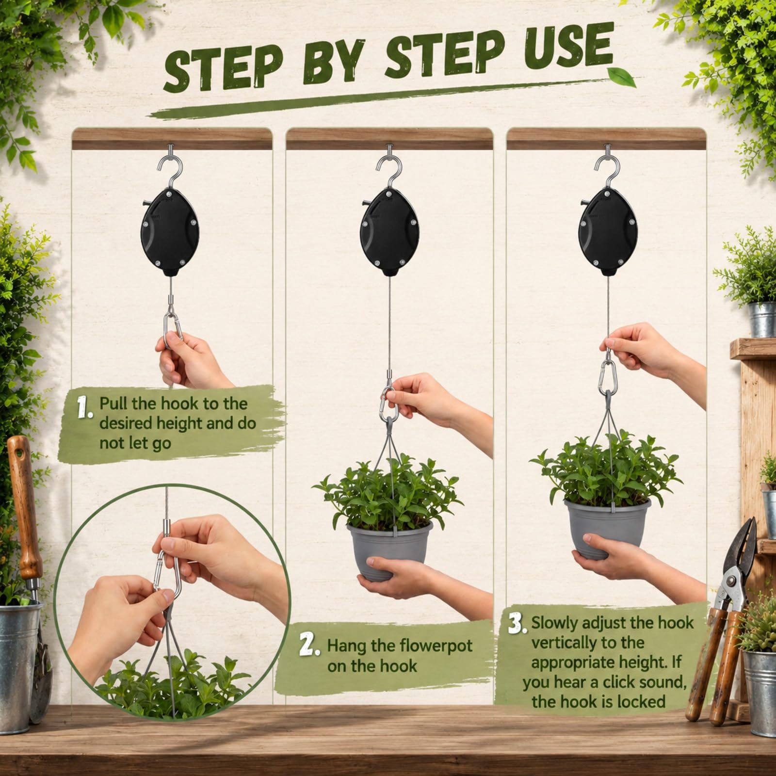 Flutesan Lot de 6 cintres rétractables avec 6 crochets de plafond en métal, poulies pour plantes suspendues, verrouillage automatique, crochets réglables pour panier de jardin, mangeoire à oiseaux et