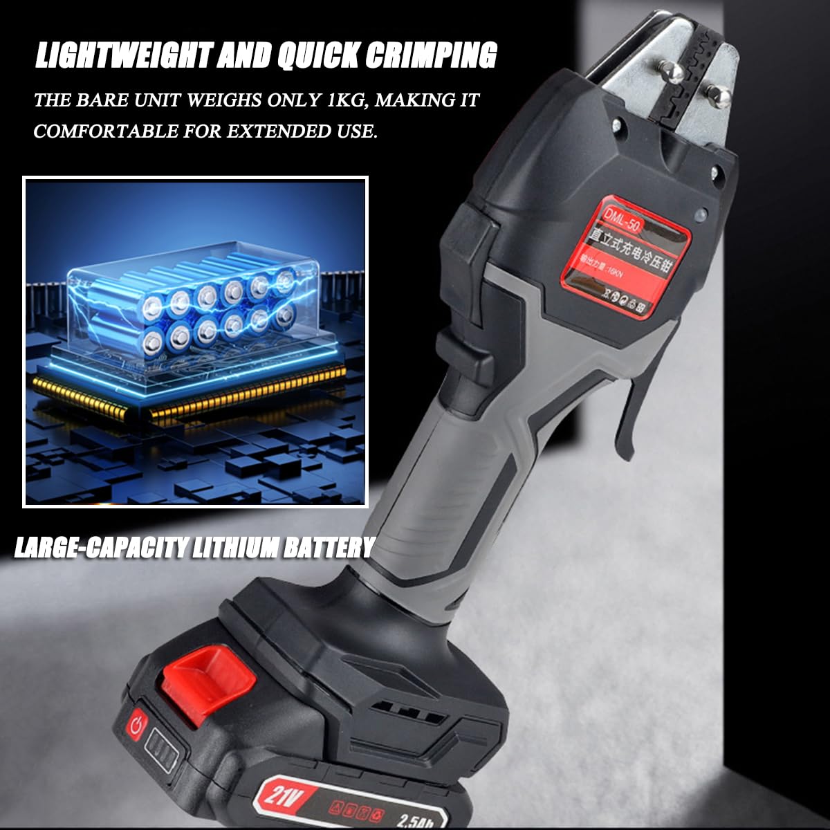 Kit di crimpatura elettrica, crimpatrice per capicorda con 7 stampi, 2 batterie, avvio a un pulsante, illuminazione a LED, connettori non isolati per terminali elettrici