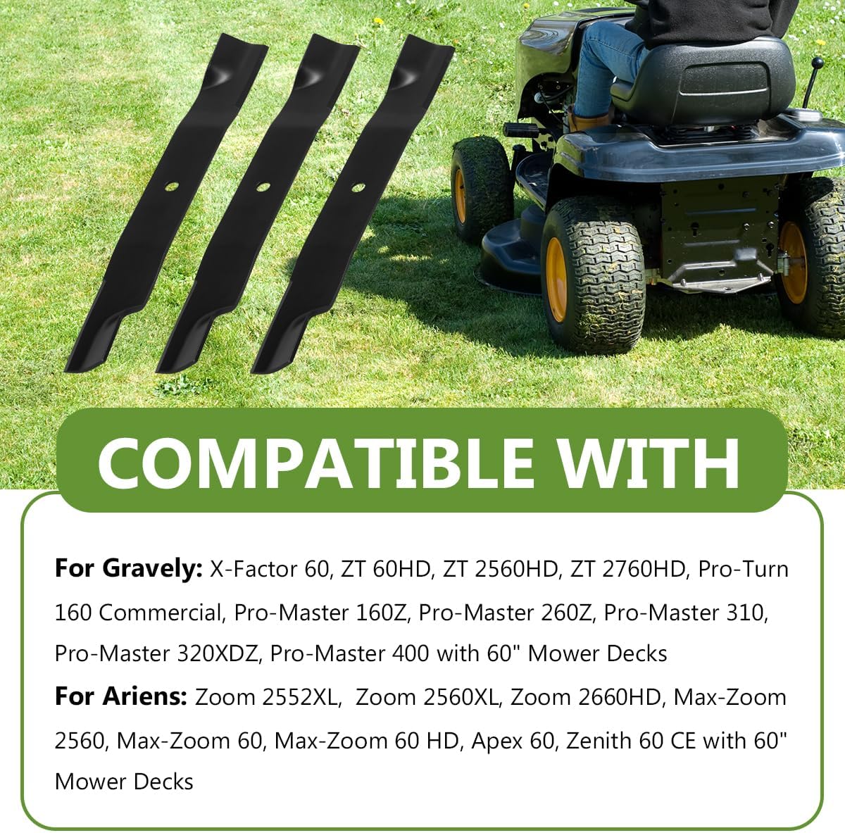 09081200 Lawn Mower High Lift Blade for Ariens Max-Zoom 2560 Gravely Pro-Master 260Z 60" Mower Decks - Heavy Duty Blade Replaces 03253900 09246600 09246600CKT - 3 Pack