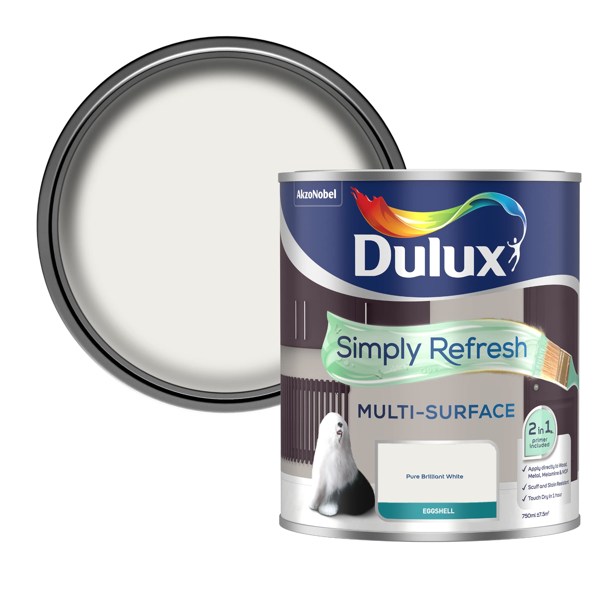 Dulux Pure Brilliant White Simply Refresh Multi Surface Eggsgell Paint - 750Ml