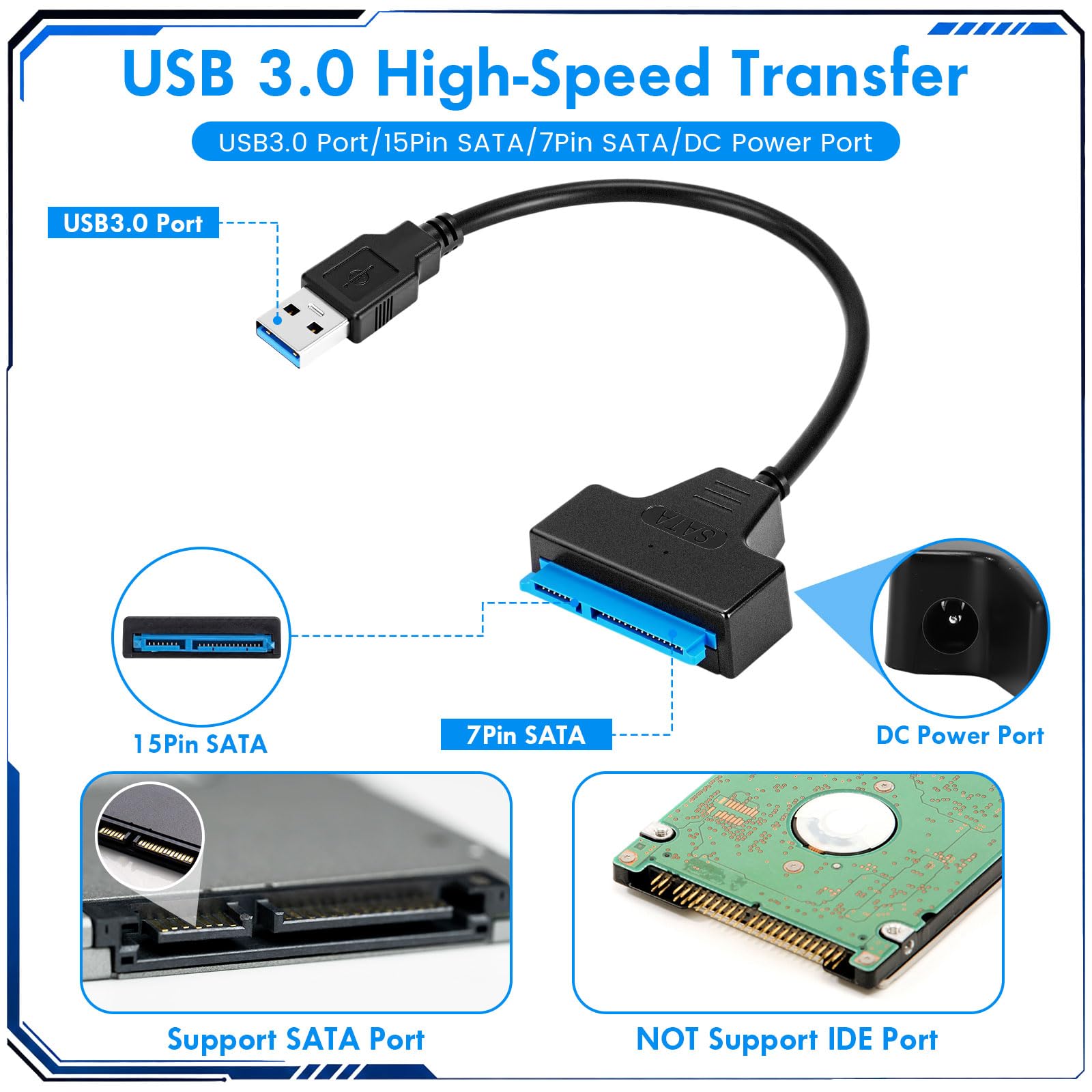 Confezione da 20 cavi adattatori da USB 3.0 a SATA, supporta Ssd/HDD da 2,5 ″ 3,5 ″ con porta di alimentazione CC, velocità veloce da SATA a disco rigido USB, strumento di trasferimento e