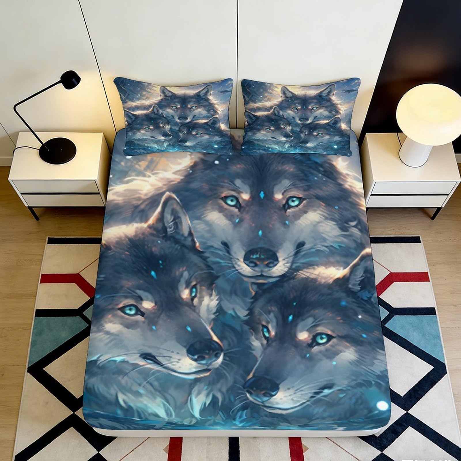 3D Printed Wolf Forest Fitted Sheet Microfiber Soft Breathable Moonlight Mattress Cover for Bedroom Dorm Protection Decor 90x200x25cm