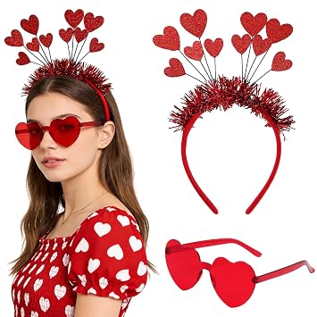 Valentines Day Heart Headband and Sunglasses Set Valentines Headband with Shiny Red Tassel Valentines Hair Accessories for Women Wedding Holiday Party Supplies