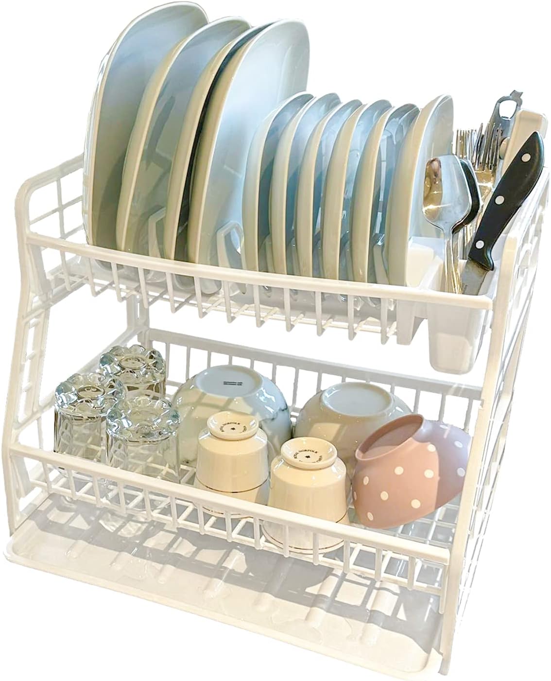 SAFRI 2-Tier Plastic Plate Dish Drainer Rack Glasses Crockery Cutlery Utensil Drainer with Drip Removable Tray (White)