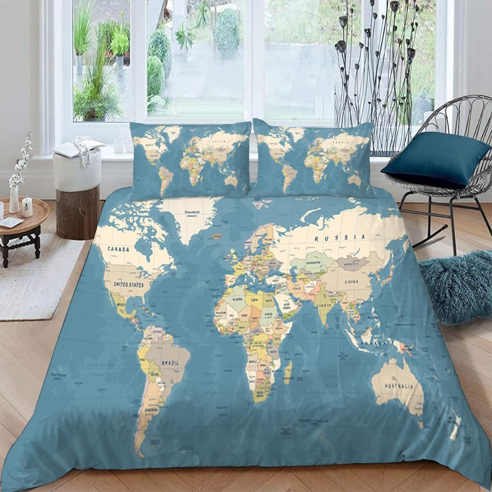 MARBRE 3D Bettwäsche Weltkarte 135x200 cm 2teilig 100% Mikrofaser Kinderbettwäsche Ozean Wendebettwäsche mit Reißverschluss Bettwäsche-Sets mit Kissenbezüge 80x80（Image 16-20）