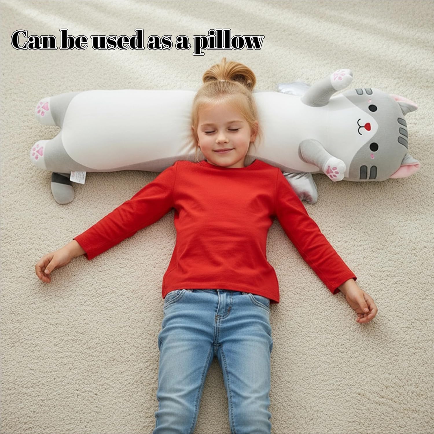 ZOMAXTOY Long Cat Plush Pillow with Wings Soft Kitty Stuffed Animal Toy Giant Cuddly Kitten Cushion for Kids Adults Bedroom Decor (Gray - Image 2