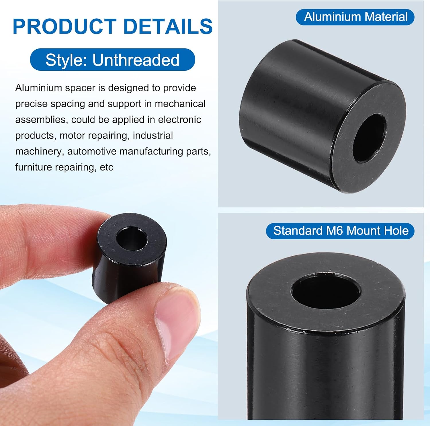 PATIKIL 10pcs M6 Aluminium Spacers, 1/4" ID x 5/8" OD Round Standoff Spacer, Unthreaded Metal Spacers for 1/4" M6 Screws Bolts, Black 5/8" Length