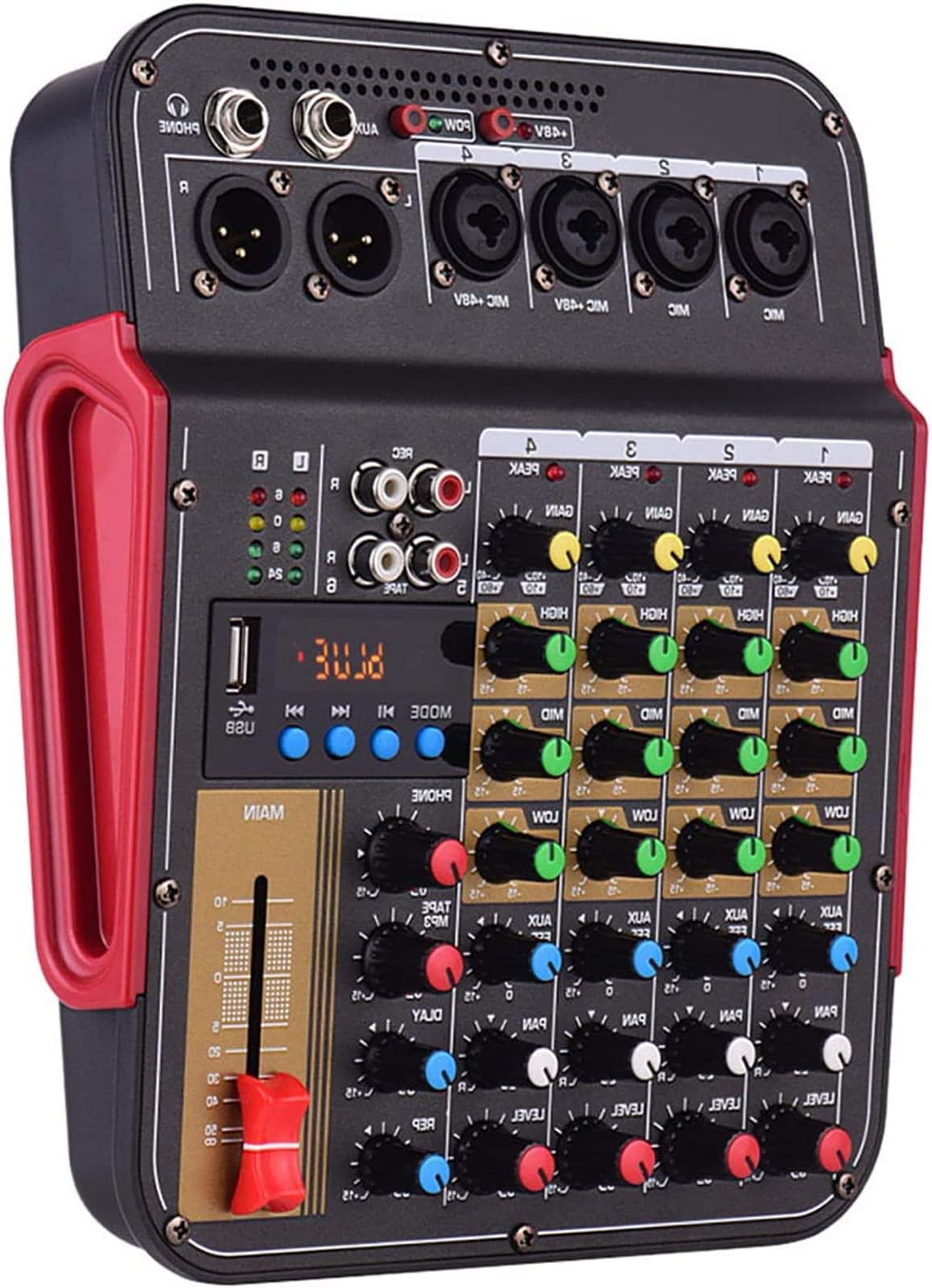 Digital 4-Channel Audio Mixer, Studio Mixing Desks, 3-band EQ On All Channels for Studio Recording, DJ Equipment, and More, with BT Function Professional Audio System