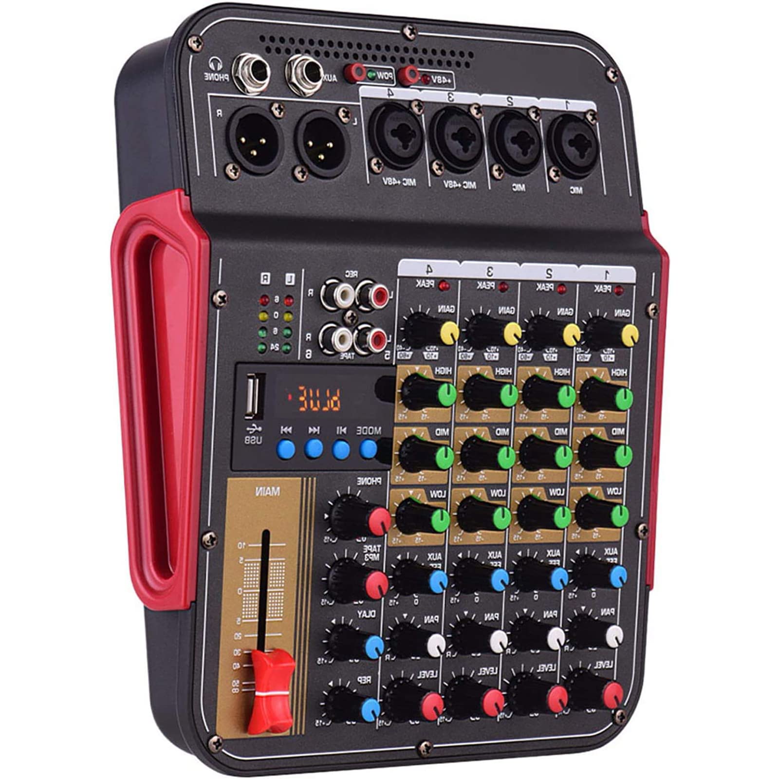 Digital 4-Channel Audio Mixer, Studio Mixing Desks, 3-band EQ On All Channels for Studio Recording, DJ Equipment, and More, with BT Function Professional Audio System
