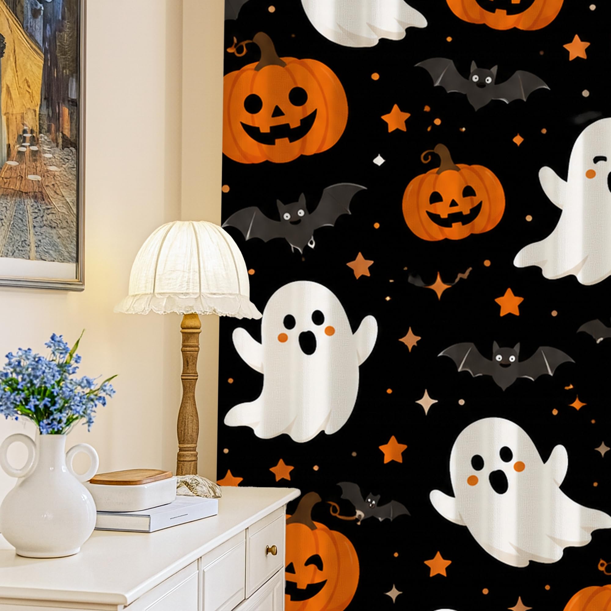Rideaux occultants orange Halloween avec fantômes et citrouilles pour salon 132x213 cm