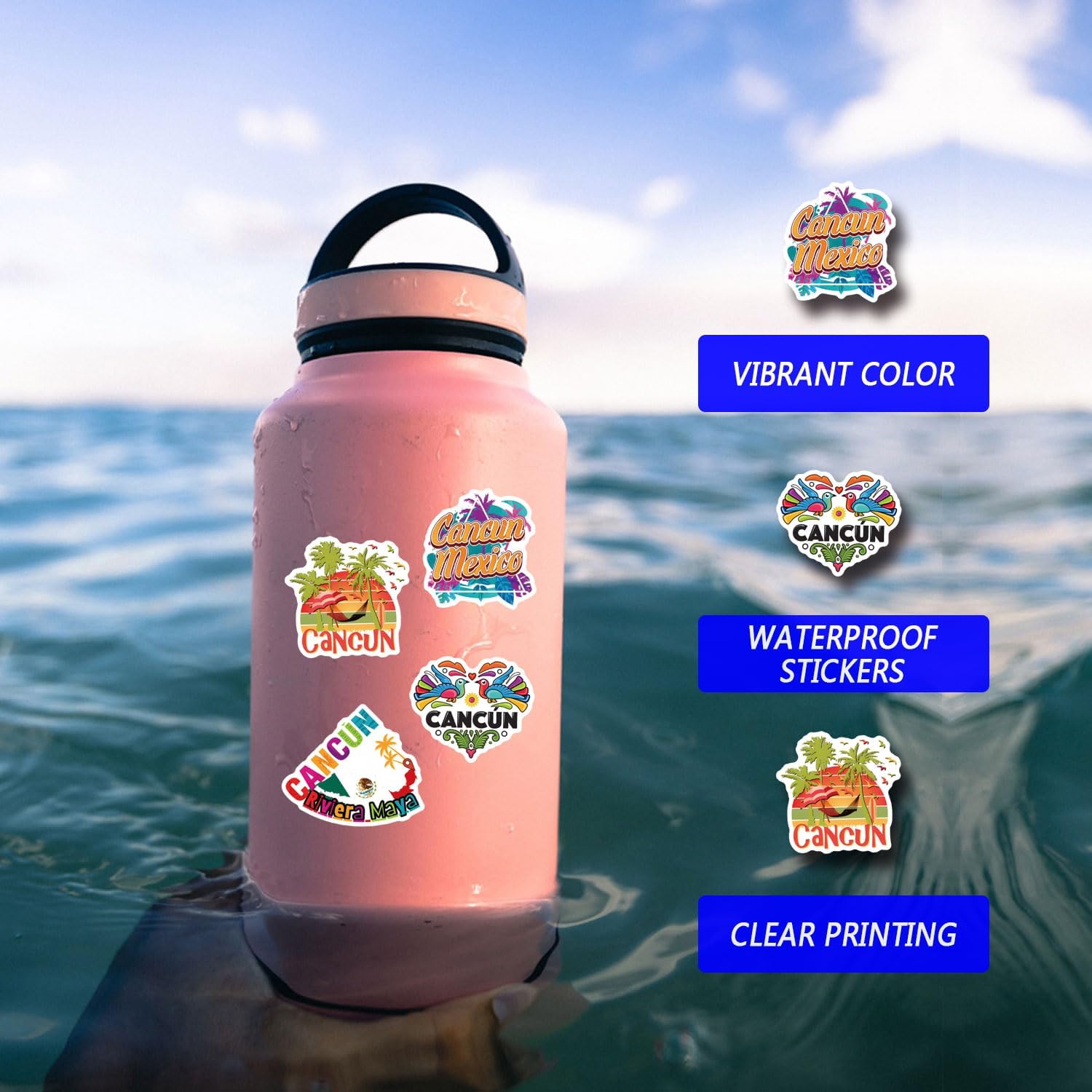 66Pcs Cancun Stickers Pack, Aesthetic Vinyl Waterproof Sticker Decals for Water Bottle,Laptop,Phone,Skateboard,Scrapbooking,Bumper for Party Supply Decor Favor image 5