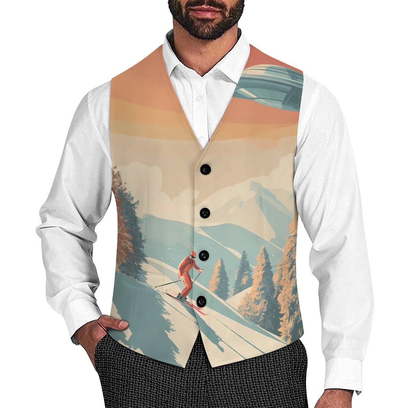 A Skier with Aliens - Gilet casual da uomo con 2 tasche | Slim Fit Gilet Gilet Business Formale Gemelli Vestito