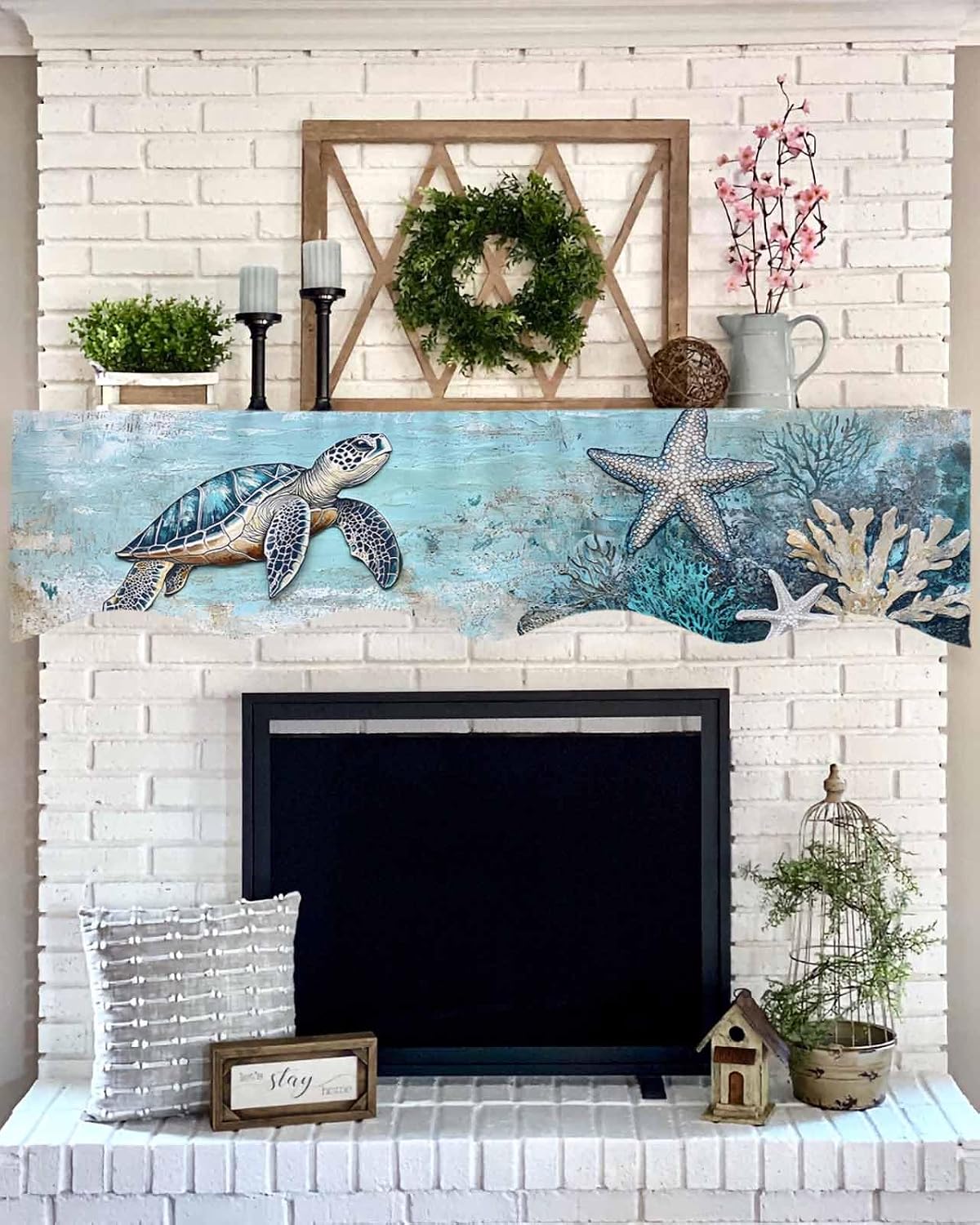 Sea Turtle Mantel Scarf for Fireplace Ocean Coral Starfish Mantel Cover Summer Abstract Ocean Style Fireplace Top Scarf Runner for Holiday Living Room Home Decoration 70 x 17 Inches