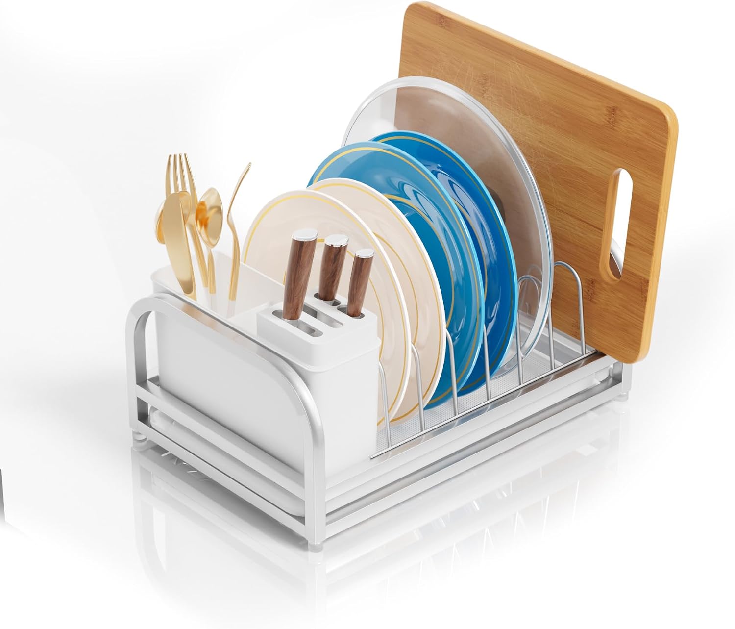 Dish Drying Rack for Small Kitchen Counter, 304 Stainless Steel Small Dish Rack w Utensil Holder & Tray for Limited Space, Rustproof Narrow Dish Rack for Pot & Pan, Plate, Lid (Silvery)