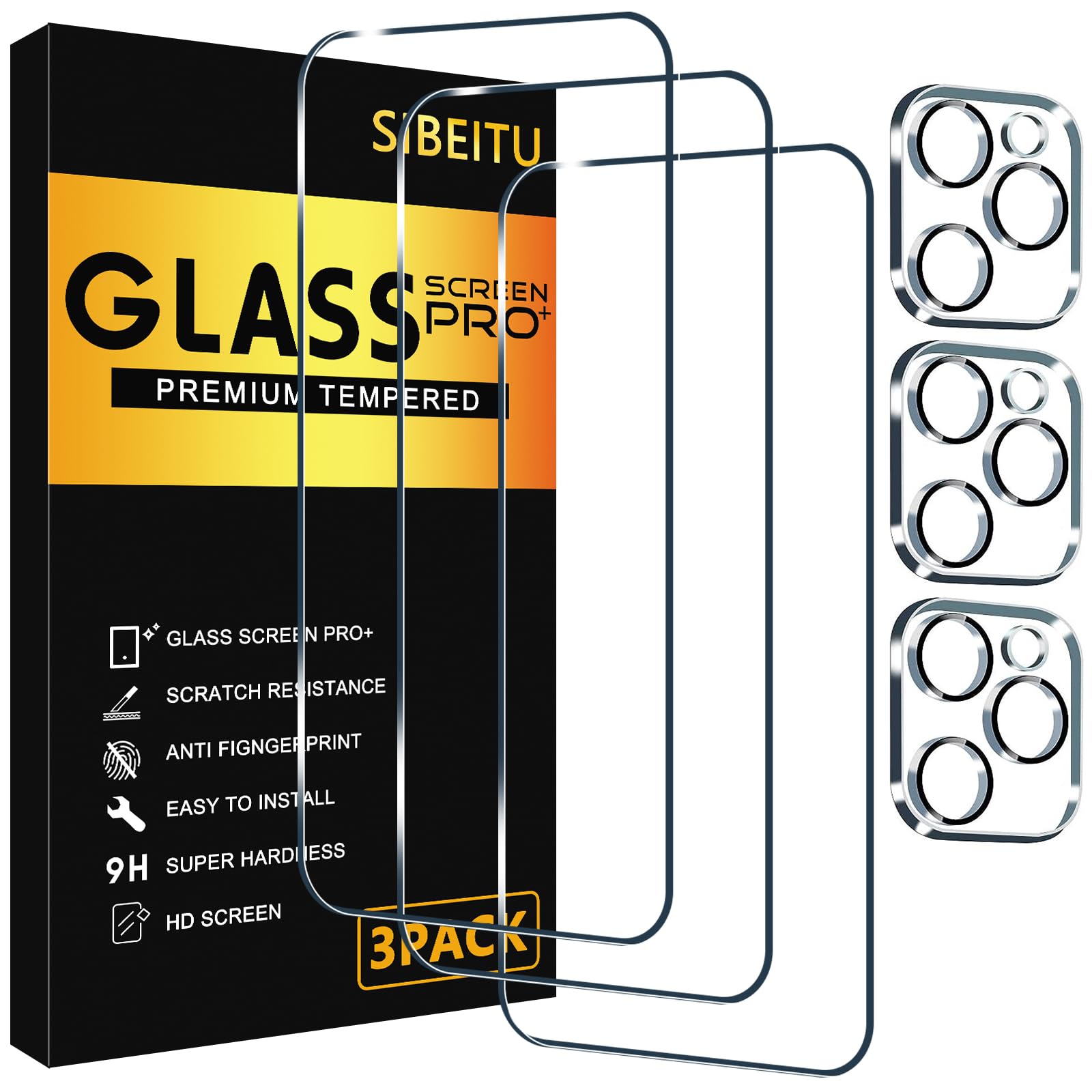 SIBEITU 3 Pack Screen Protector for iPhone 16 Pro with 3 Pack Camera Lens Protector, 6.3 Inch HD Clear 9H Hardness Tempered Glass Film, Scratch Resistent, Easy Installation, Bubbles Free