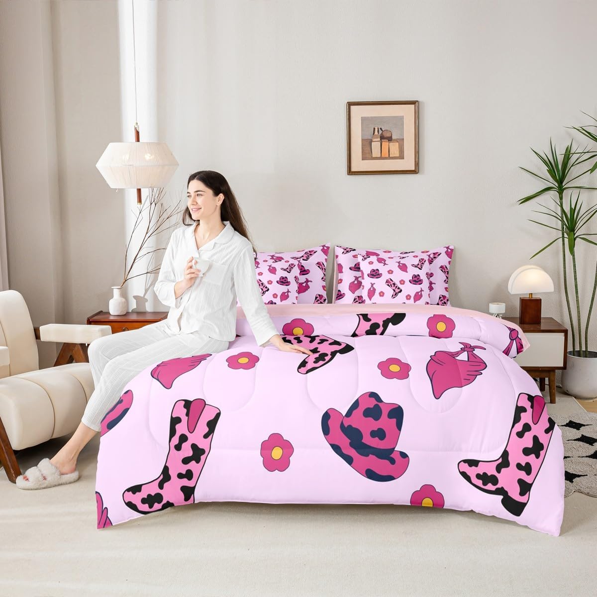 Manfei Western Cowboy Comforter Set 7 Pieces, Bull Skull Horse Arrow Print Bedding Full, Blue Lattice Patchwork Bed Set with 1 Comforter,1 Fitted Sheet,1 Flat Sheet,2 Pillowcases,2 Throw Pillow Cover