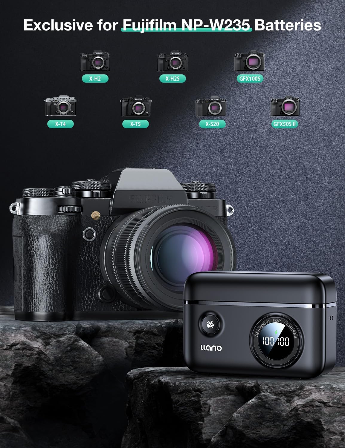 llano 2-Pack NP-W235 USB-C Batteries and 18W Fast Charger Set for Fujifilm GFX100RF, X-T5, X-T4, VG-XT4, X-S20, GFX100S, GFX50S II, X-H2S, X-H2, 2400mAh High Capacity, 2-Slot, Smart Digital Display - Image 9