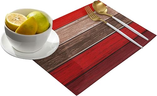 Vista 23 de Vandarllin Juego de 6 manteles individuales retro con textura de madera rústica de poliéster, resistentes a las manchas, manteles individuales Rayas