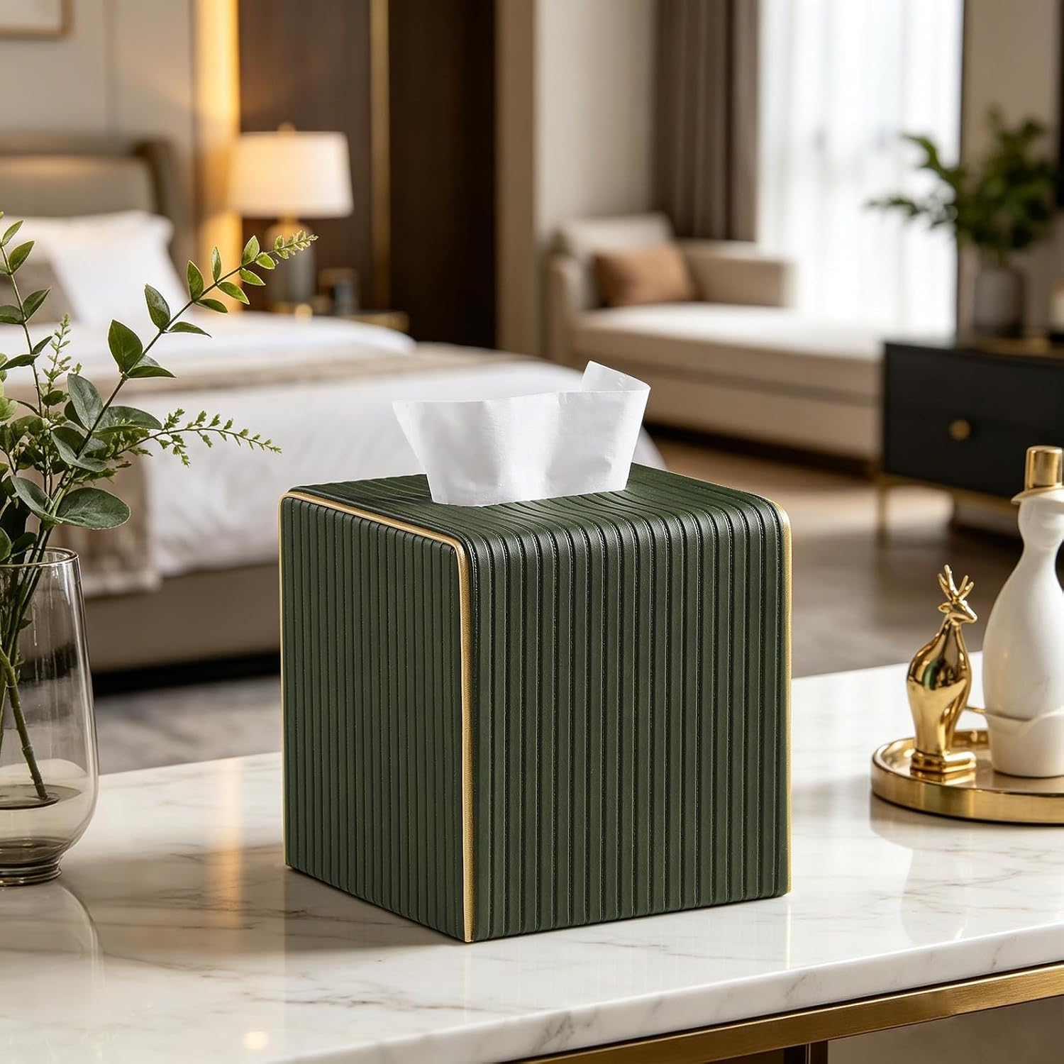 Square PU Leather Tissue Box Cover with Magnetic Closure, Decorative Tissue Holder & Storage Container for Bedroom, Living Room, Dining Room, Bathroom, Countertop, Desk (Square Green) image 2