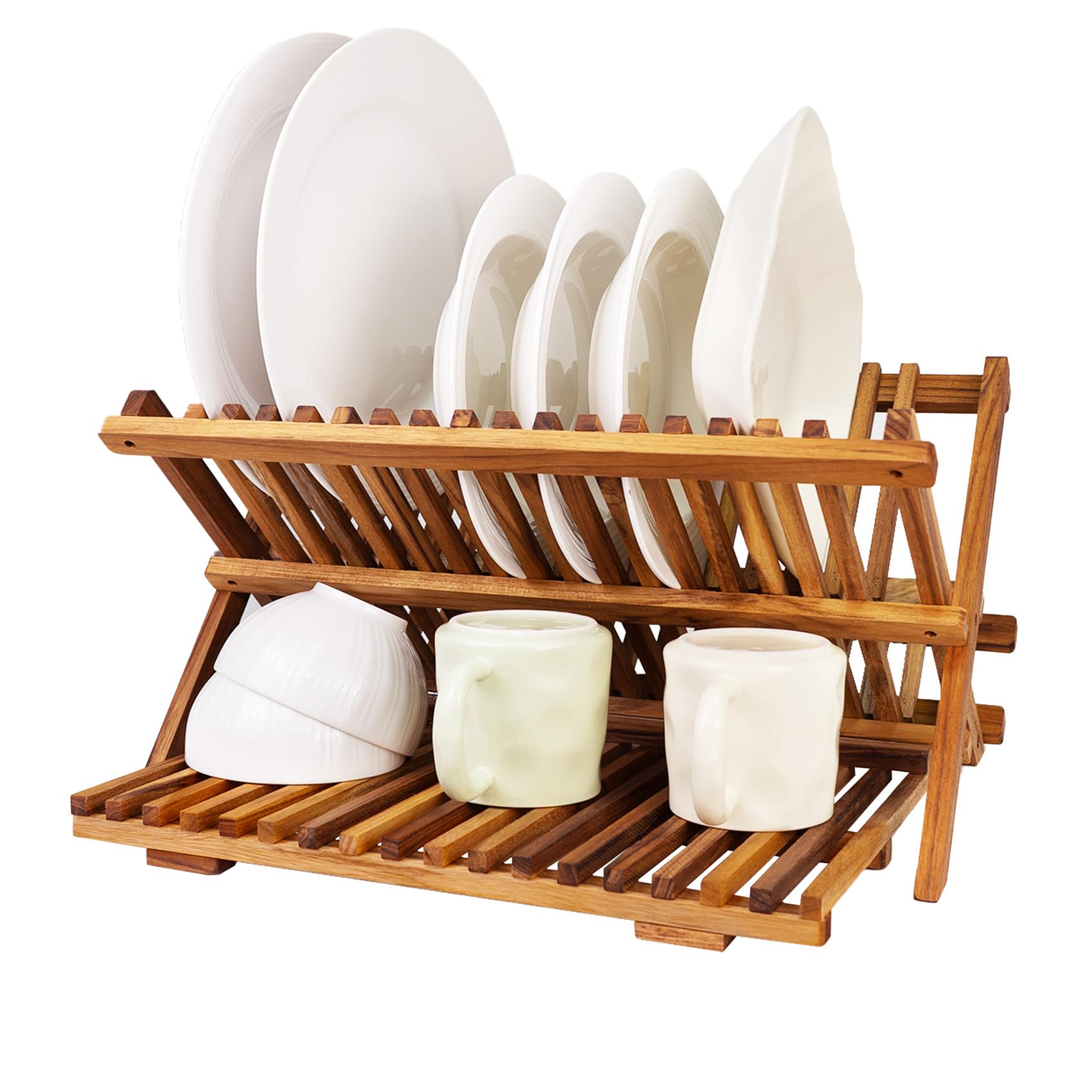 Utoplike 3 Tier Collapsible Teak Wood Dish Drying Rack, Foldable Large Capacity Dish Draine, Space-Saving Countertop Kitchen Organiser for Plates, Cups