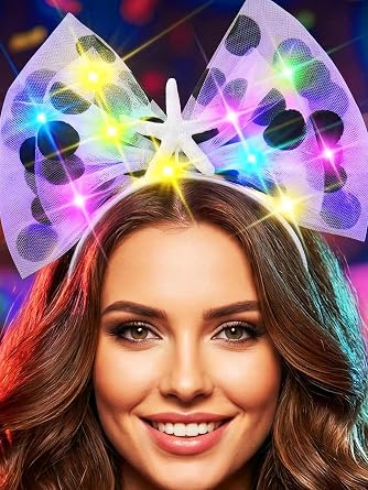 REETAN Light Up Rave Headband Bow Glow LED Birthday Headbands Party Hair Accessories for Women