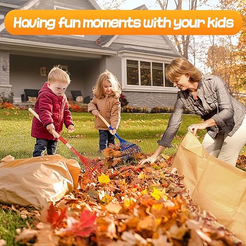 Miniatura 2 de Rastrillos para hojas aptos para niños, rastrillo pequeño de tamaño infantil de 28 pulgadas con cabeza de metal duradera y mango de madera dura,
