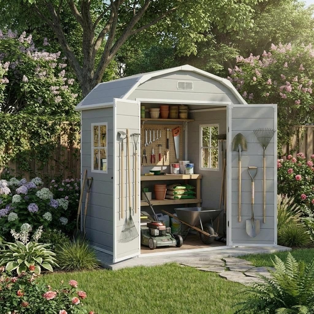 Resin Outdoor Storage Shed with Floor, 6x4.5 ft,Heavy-Duty Plastic Garden Shed with Secure Lockable Door, Weather-Resistant Storage Solution for Patio Furniture, Garden Tools, Bike Accessories