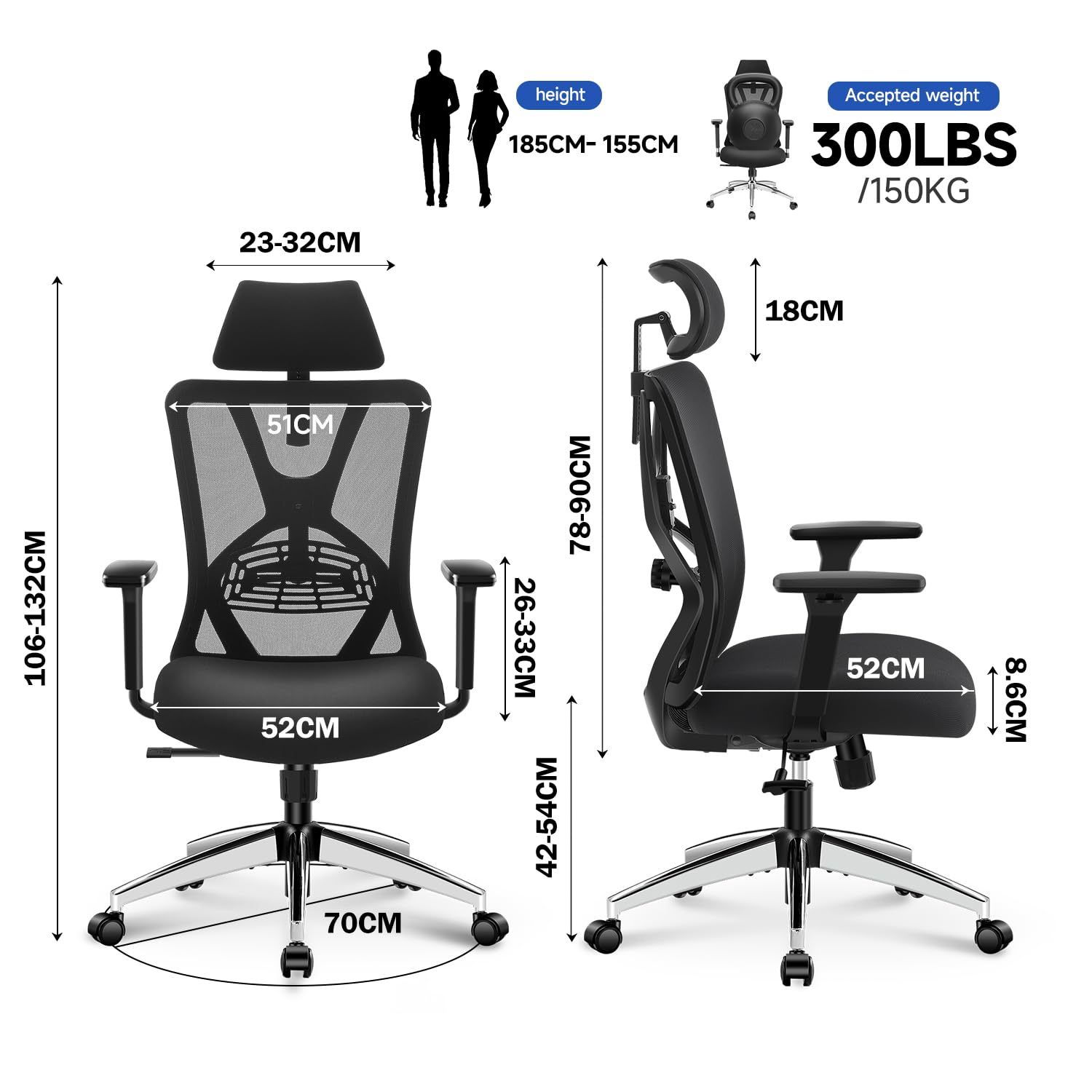Ticova Sedia da Ufficio Ergonomica, Schienale Alto con Supporto Lombare, Poggiatesta & Braccioli 3D in Regolabili, Oscillazione a 130° da Scrivania Sedia da Computer Sedia a Rete