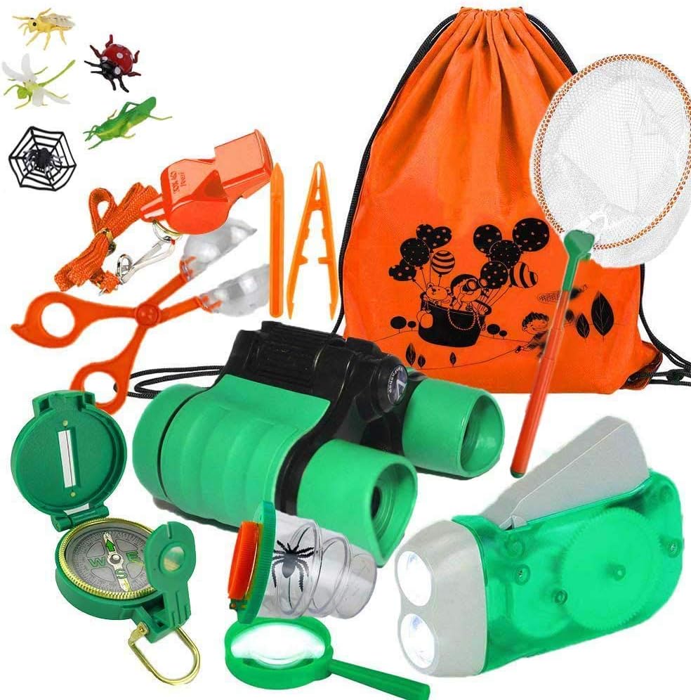 Yiran Adventure Outdoor Explorer Kit Gifts Toys, 17 Pieces Birthday for 3-10 Years Old Boys Girls, Educational Toys STEM Backpacking Compass Binocular sets Camping Bug Catcher Hiking