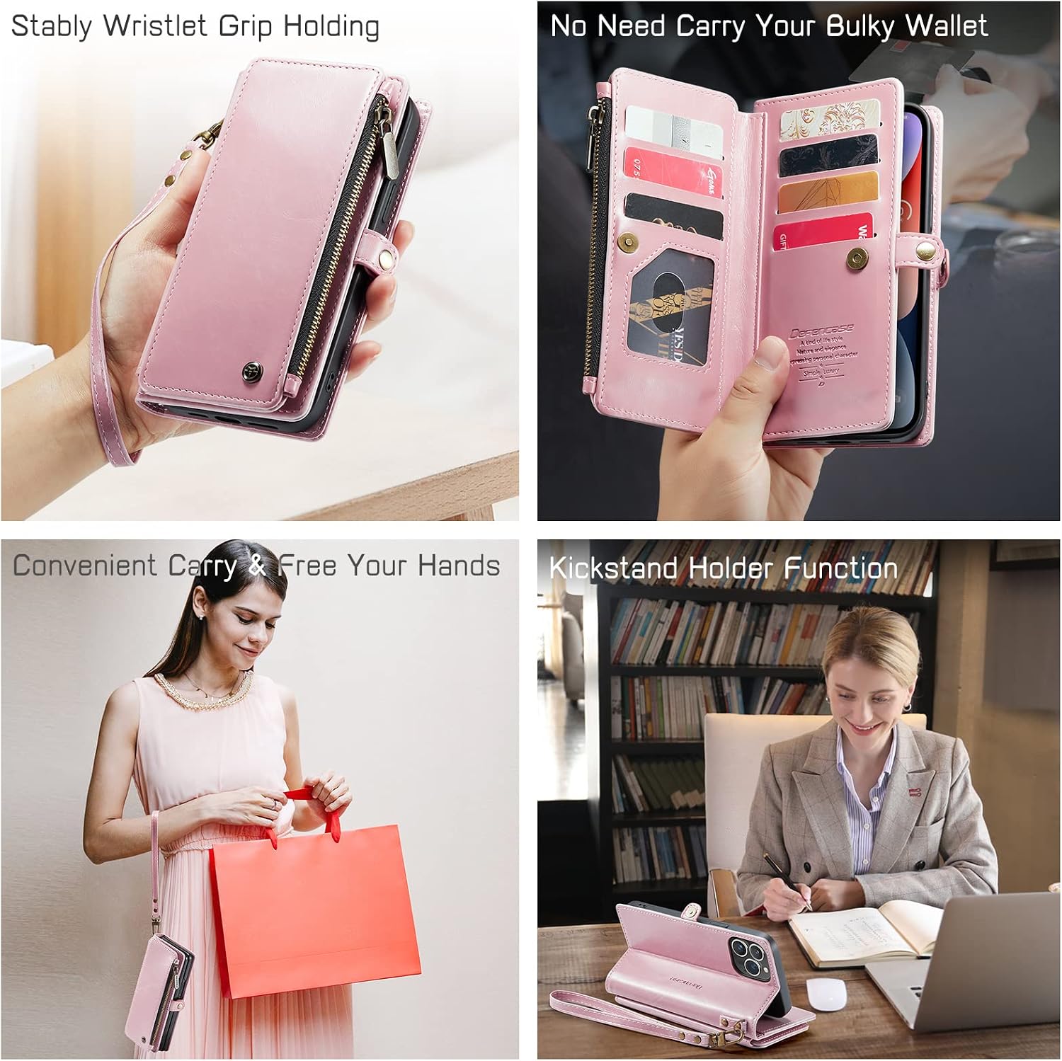Defencase iPhone 14 Pro Max Wallet Case, iPhone 14 Pro Max Case Wallet for Women, Vintage Leather Magnetic Bukckle Flip Strap Zipper Card Holder Phone Cases for iPhone 14 Pro Max [6.7"], Luxury Pink