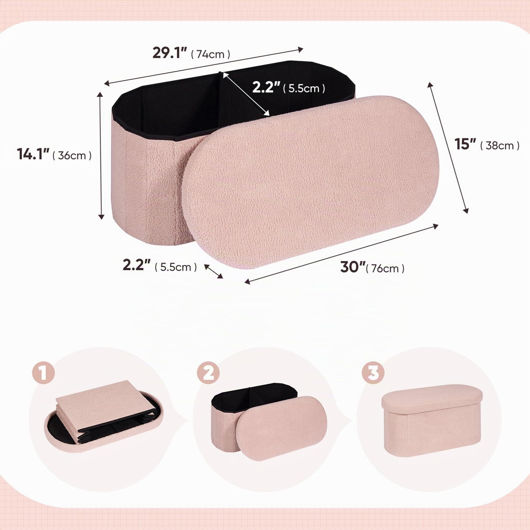 Bonlife Baúl Plegable,Puff Almacenaje, Taburete Reposapiés,Banco pie de Cama, para Sala de Estar, Dormitorio, Entrada, Rosa, Forma Ovalada,76x38x38 cm