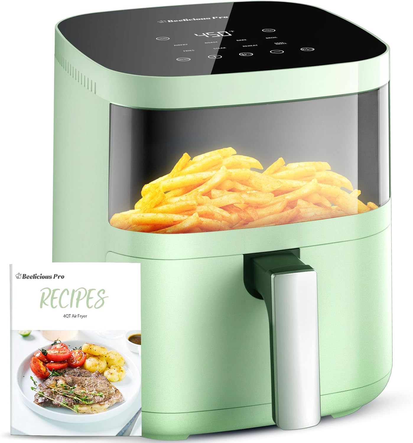 Air Fryer,Beelicious® 8-in-1 Smart Compact 4QT Air Fryers,with Viewing Window,Shake Reminder,450°F Digital Airfryer with Flavor-Lock Tech,Dishwasher-Safe & Nonstick,Fit for 1-3 People,Sage Green