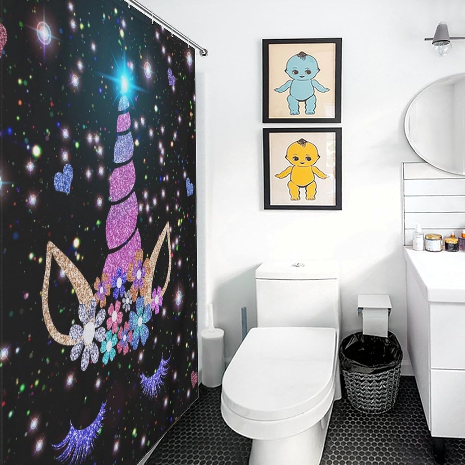 Unicorn Shower Curtain, Floral Rainbow Princess Unicorn Colorful Black Waterproof Fabric for Kids Girls Baby Bathroom Shower Curtain Set with Hooks, 72"x72" Inch image 4