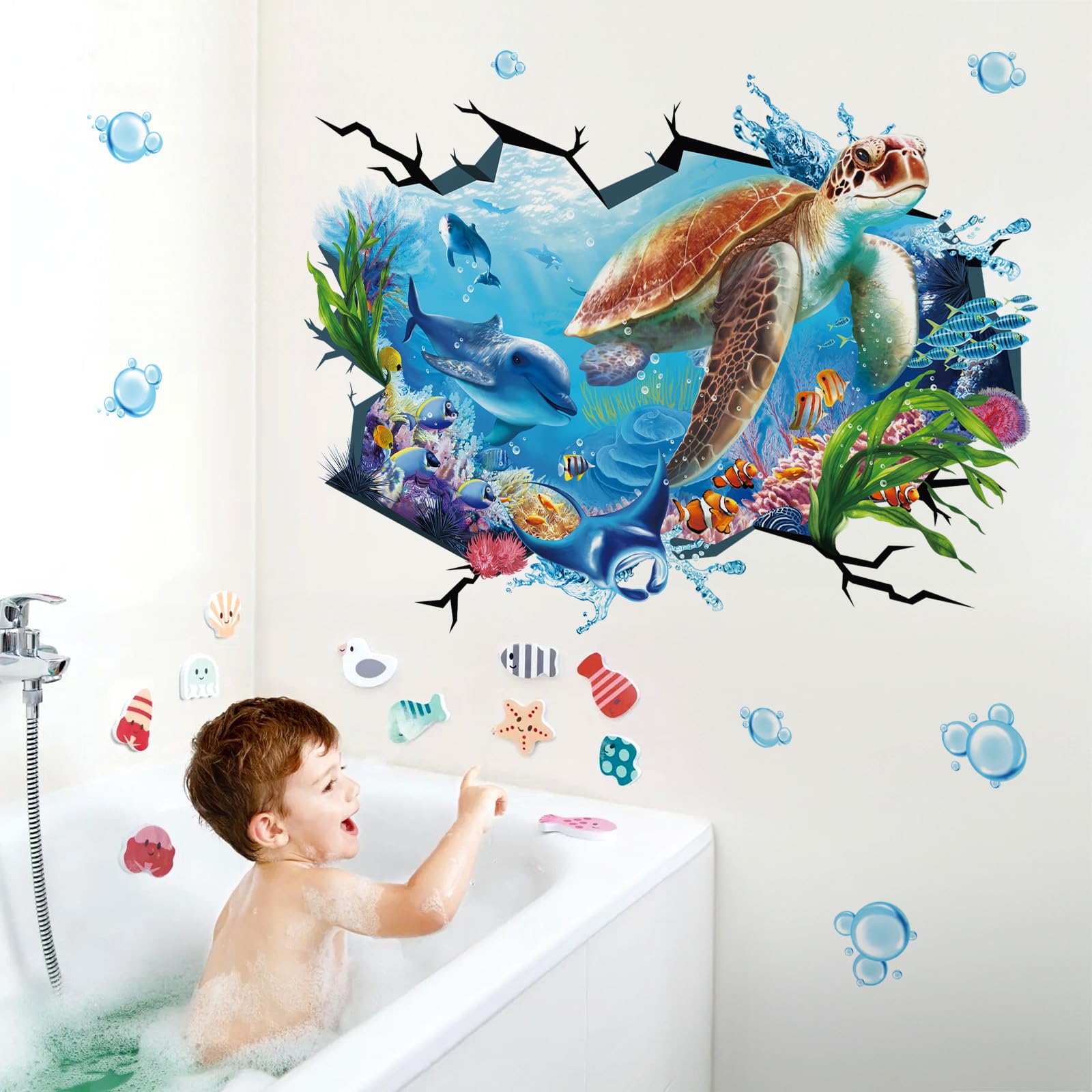 wondever Large Sea Turtle Under The Sea Wall Stickers 3D Underwater Dolphin Tropical Fish Ocean Wall Art Decals for Baby Nursery Kids Bedroom Bathroom - Image 2