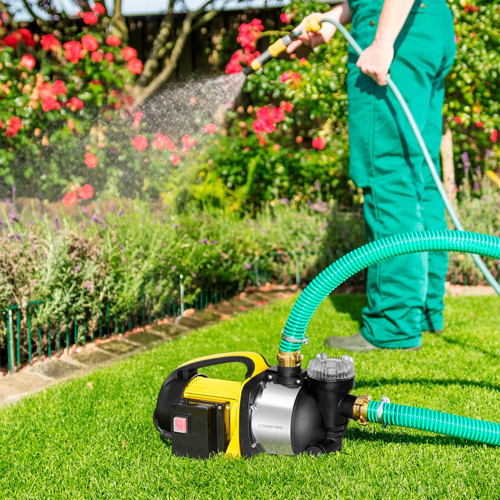 TROTEC Bomba de jardín TGP 1005 ESF – Bomba con potencia 3500 l/h, 1000 W – Presión de extracción 4,2 bar, altura de extracción 42 m, altura de aspiración 7 m, bomba de agua para barriles de lluvia,