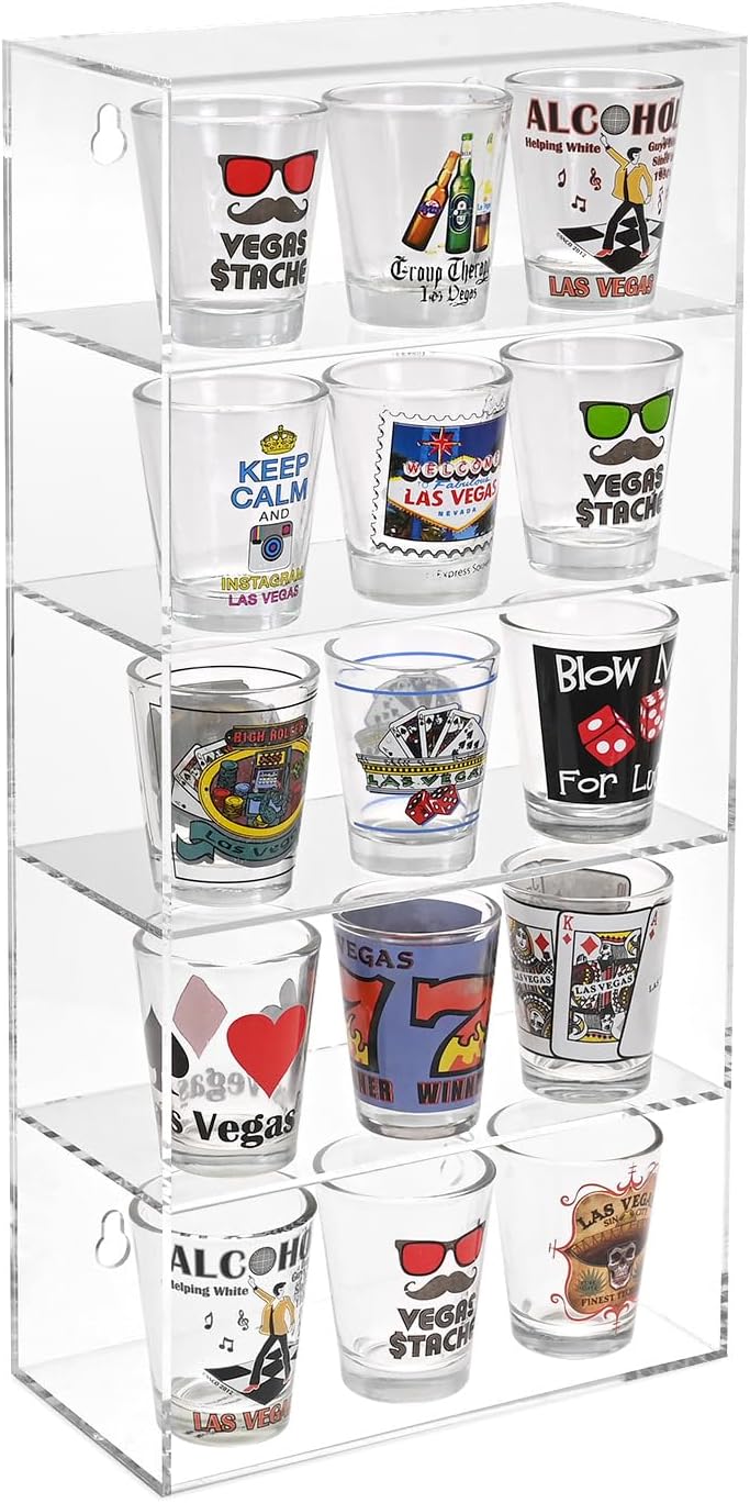 MOOCA Acrylic 5 Levels Wall Mounted Acrylic Display Case, Shot Glass Display Case Cabinet, Wall Mounted Sunglass Organizer, Sunglasses Shelf