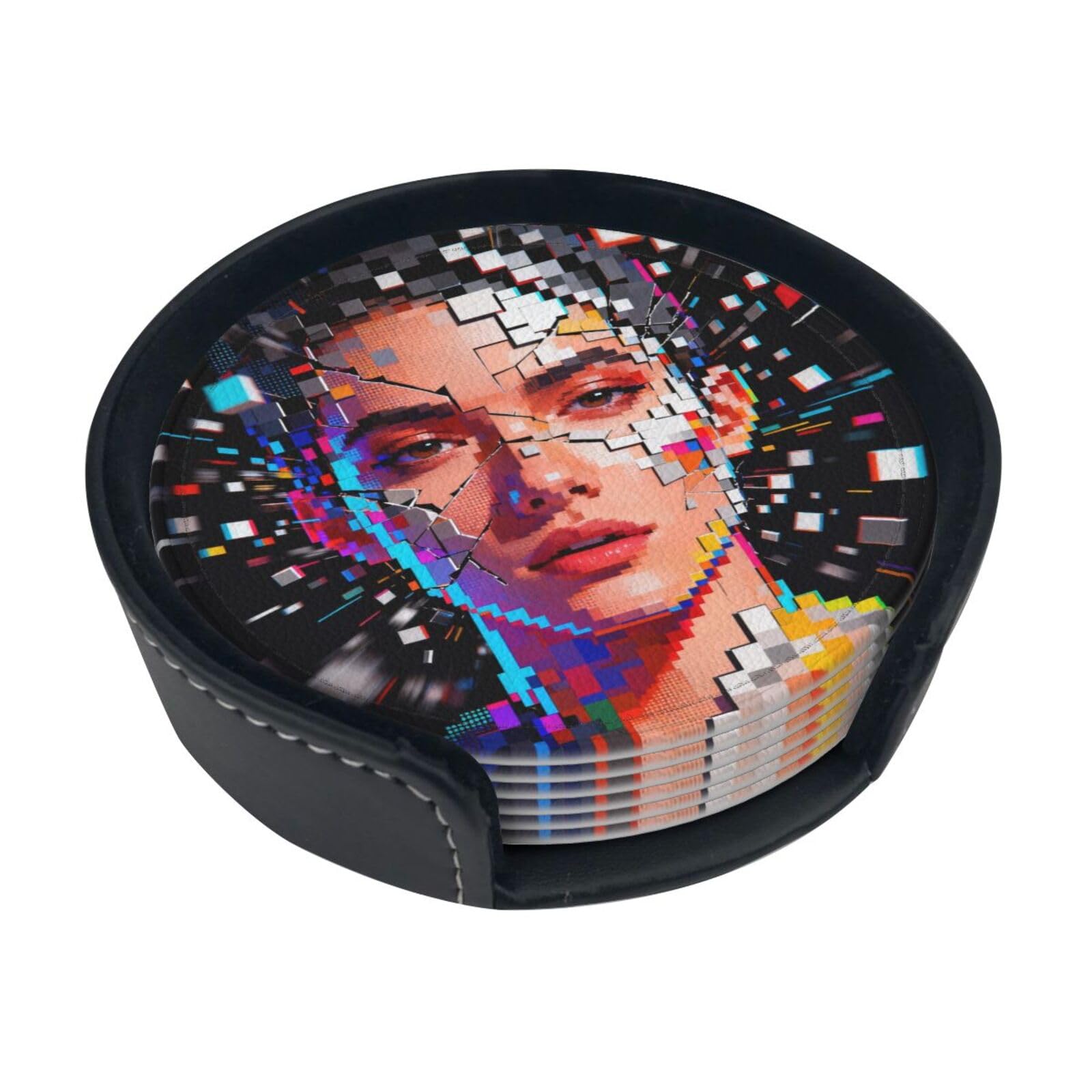 Cntdbu White Pixel Break Face Leather Coasters Set Of 6-Pu Leather Drink Mats For Table, Heat Resistant Round Coasters With Holder