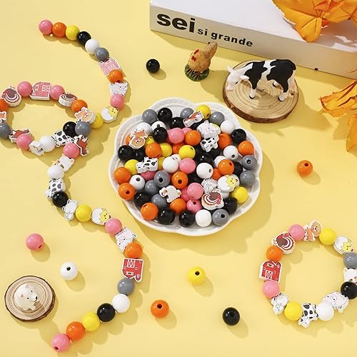 Miniatura 3 de 200 cuentas de madera con diseño de animales de granja con diseño de animales de granja, pollo, caballo, vaca, cerdo, oveja, pavo, cachorro, casa,