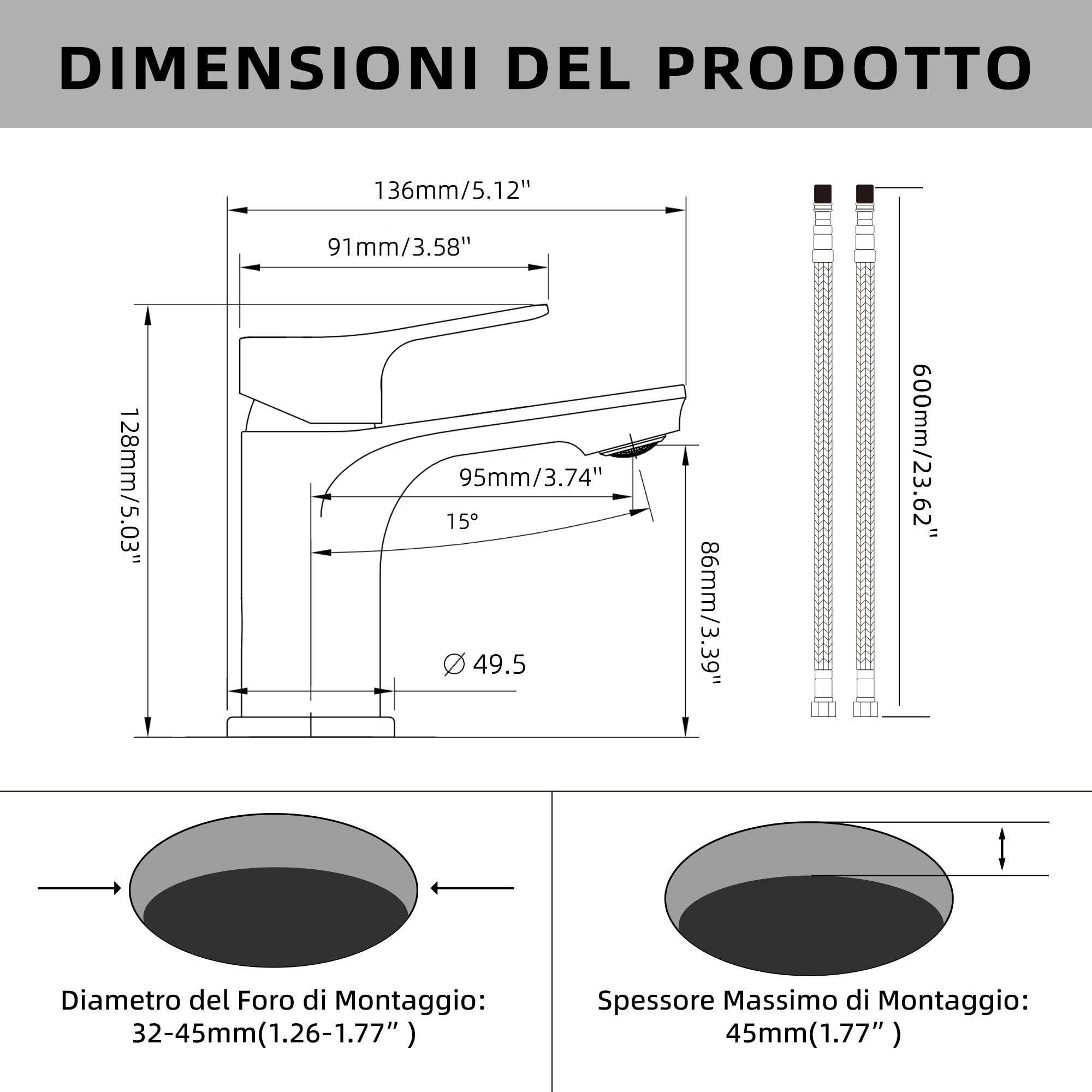 BELZ Rubinetto da Bagn, Miscelatore Monocomando in Ottone Massiccio, Rubinetteria per Lavandino a Risparmio Idrico e Durevole, Cromato