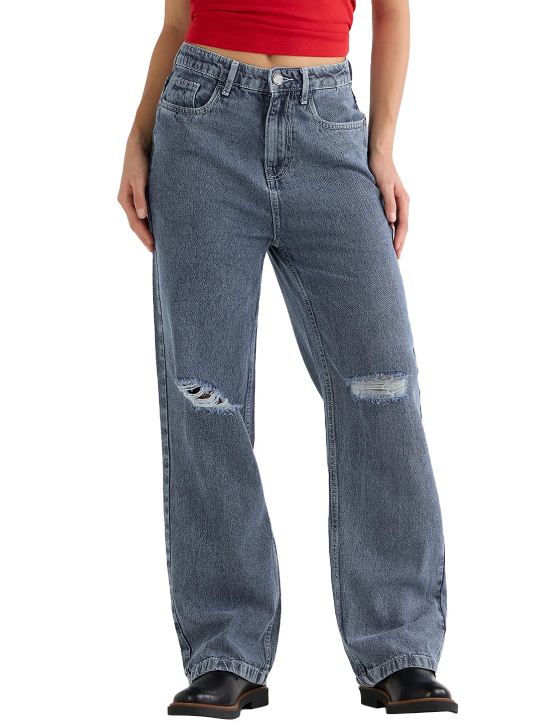 Bewakoof Jeans desgastados de ajuste recto y holgados para mujer, Azul, 32