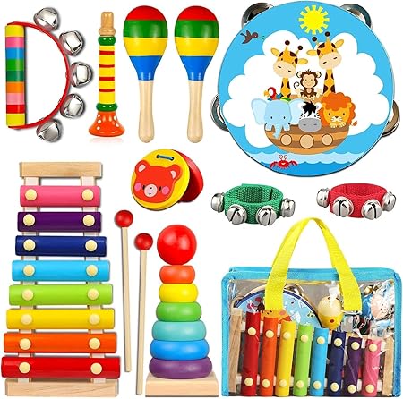 LOOIKOOS Toddler Musical Instruments,Wooden Percussion Instruments for Kids Preschool Educational Musical Toys Set Boys and Girls with Carrying Bag