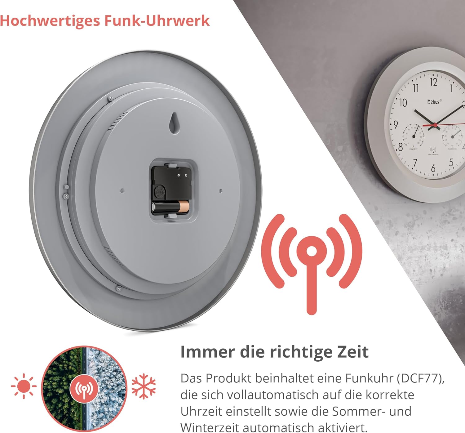 Dèyè view of the MEBUS wall clock showing the battery compartment, hanging mechanism, and a graphic indicating radio control for automatic time setting.